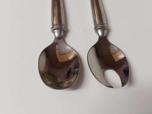 CARROL BOYES FUNCTIONAL ART: AWESOME UNUSUAL EARLY DESIGN PEWTER AND STAINLESS SALAD SERVER SET