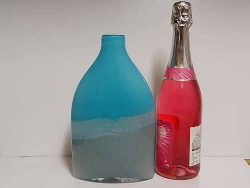 STUNNING VINTAGE 1960s MURANO AQUA BLUE AND GREY OPALESCENT ART GLASS FLAT BOTTLE VASE