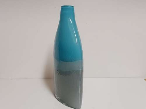 STUNNING VINTAGE 1960s MURANO AQUA BLUE AND GREY OPALESCENT ART GLASS FLAT BOTTLE VASE