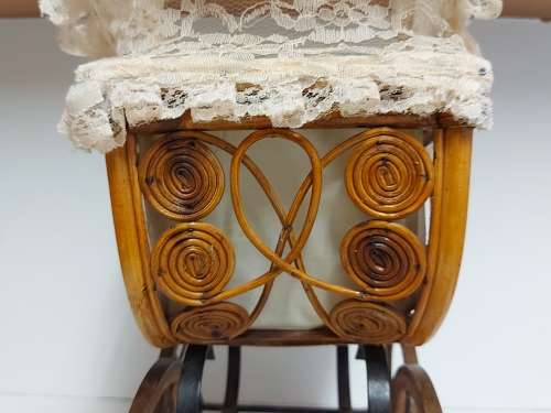 AWESOME! STUNNING VINTAGE ORNATE DESIGN CANE AND STEEL DOLL`S PRAM WITH A LACE BONNET