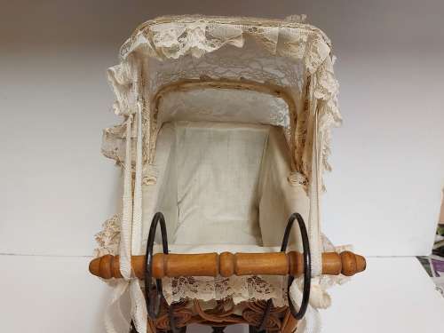 AWESOME! STUNNING VINTAGE ORNATE DESIGN CANE AND STEEL DOLL`S PRAM WITH A LACE BONNET