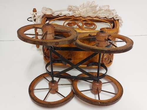 AWESOME! STUNNING VINTAGE ORNATE DESIGN CANE AND STEEL DOLL`S PRAM WITH A LACE BONNET