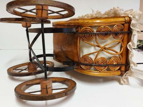 AWESOME! STUNNING VINTAGE ORNATE DESIGN CANE AND STEEL DOLL`S PRAM WITH A LACE BONNET