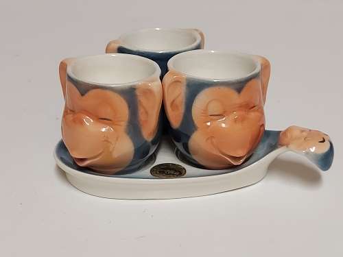 VINTAGE RARE HUMMEL BY GOEBEL HAPPY CHIMPS EGG CUP SET, MADE IN WEST GERMANY