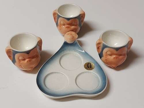VINTAGE RARE HUMMEL BY GOEBEL HAPPY CHIMPS EGG CUP SET, MADE IN WEST GERMANY