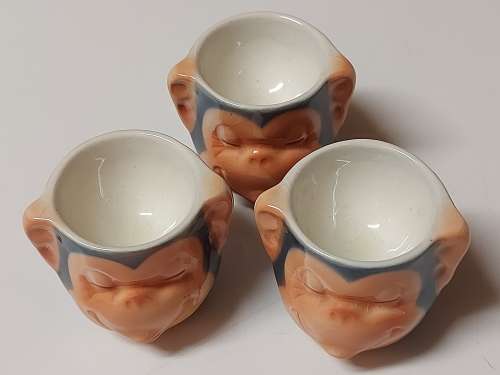 VINTAGE RARE HUMMEL BY GOEBEL HAPPY CHIMPS EGG CUP SET, MADE IN WEST GERMANY