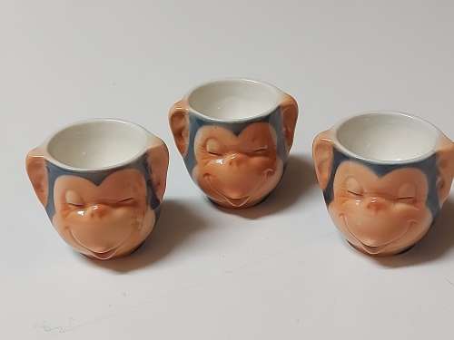 VINTAGE RARE HUMMEL BY GOEBEL HAPPY CHIMPS EGG CUP SET, MADE IN WEST GERMANY