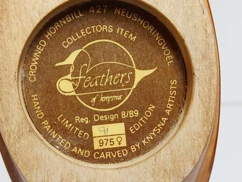 FEATHERS OF KNYSNA LIMITED EDITION 91 OF 975 CROWNED HORNBILL, HAND PAINTED AND CARVED IN KNYSNA