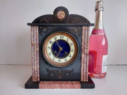 ANTIQUE 19th CENTURY L MARTI ET CIE MEDAILLE DE BRONZE FRENCH MARBLE AND SLATE MANTLE CLOCK