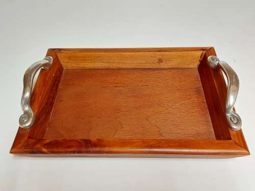 CARROLL BOYES FUNCTIONAL ART:  EARLY DESIGN PEWTER AND WOOD TRAY