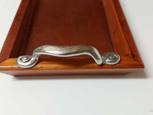 CARROLL BOYES FUNCTIONAL ART:  EARLY DESIGN PEWTER AND WOOD TRAY