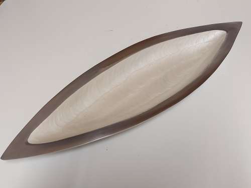 VINTAGE FUNCTIONAL ART CAST ALUMINIUM LARGE ELONGATED BOWL WITH AN IVORENE INNER COATING