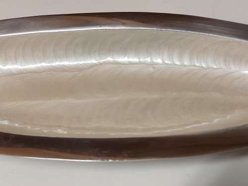 VINTAGE FUNCTIONAL ART CAST ALUMINIUM LARGE ELONGATED BOWL WITH AN IVORENE INNER COATING
