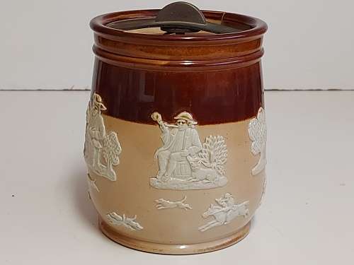 AWESOME FIND! ANTIQUE ROYAL DOULTON LAMBETH POTTERY TOBACCO JAR DEPICTING HUNTING SCENES