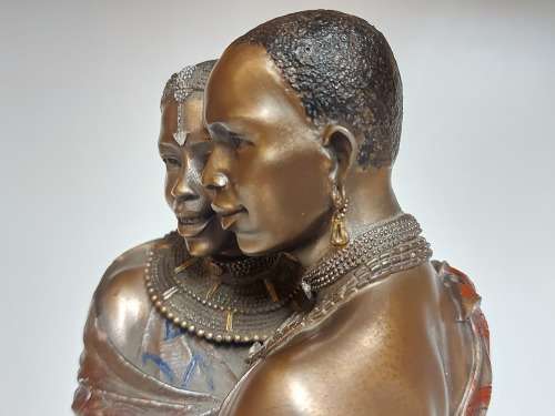 ZAWADI AFRICAN COLLECTION TALL COLD CAST BRONZE SCULPTURE (MOJA-STRONG TOGETHER)