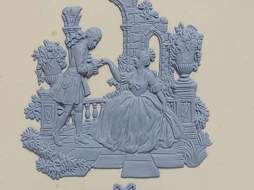 RARE REVERSE COLOUR WEDGWOOD WHITE JASPERWARE VALENTINE`S DAY PLATE WITH INTRICATELY CARVED IMAGES