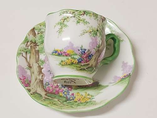AWESOME VINTAGE 1927-1935 ROYAL ALBERT CROWN CHINA GREENWOOD TREE DEMITASSE DUO