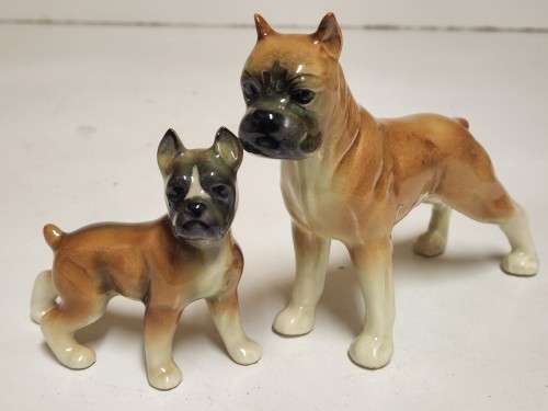 BEAUTIFUL VINTAGE PAIR OF MEISEN MADE IN GERMANY PORCELAIN BOXER DOG FIGURINES