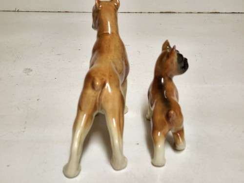 BEAUTIFUL VINTAGE PAIR OF MEISEN MADE IN GERMANY PORCELAIN BOXER DOG FIGURINES