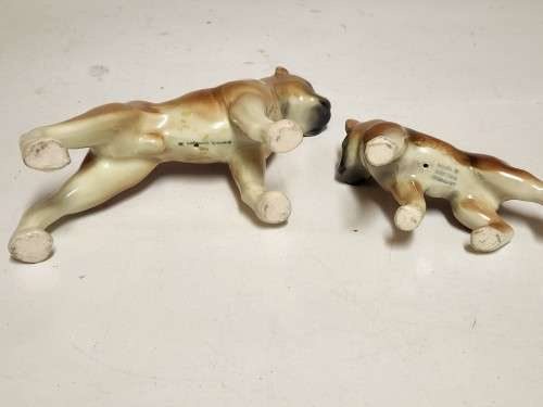 BEAUTIFUL VINTAGE PAIR OF MEISEN MADE IN GERMANY PORCELAIN BOXER DOG FIGURINES