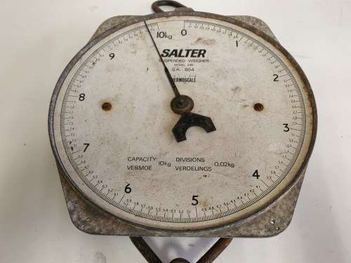 VINTAGE 10 KG SALTER THERMOSCALE MODEL 235 SUSPENDED WEIGHER, MADE IN ENGLAND