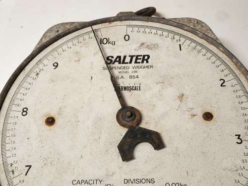 VINTAGE 10 KG SALTER THERMOSCALE MODEL 235 SUSPENDED WEIGHER, MADE IN ENGLAND