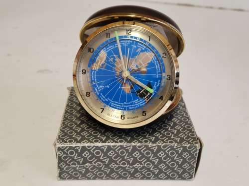 BOXED BULOVA QUARTZ WORLD TIME ALARM CLOCK, BATTERY OPERATED AND WORKING