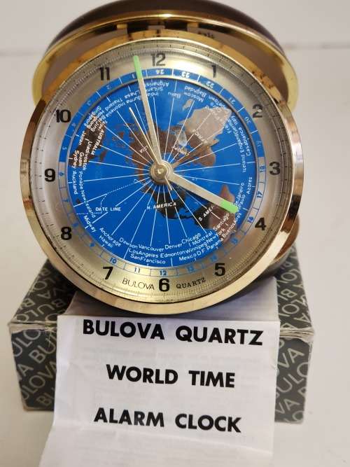 BOXED BULOVA QUARTZ WORLD TIME ALARM CLOCK, BATTERY OPERATED AND WORKING