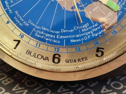 BOXED BULOVA QUARTZ WORLD TIME ALARM CLOCK, BATTERY OPERATED AND WORKING
