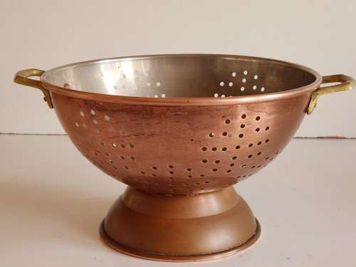 VINTAGE COPPER RICE COLANDER WITH BRASS HANDLES, MADE IN KOREA