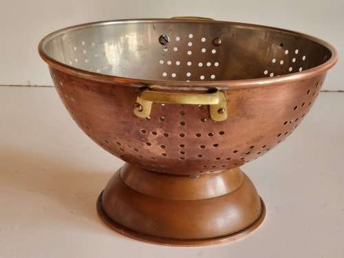 VINTAGE COPPER RICE COLANDER WITH BRASS HANDLES, MADE IN KOREA