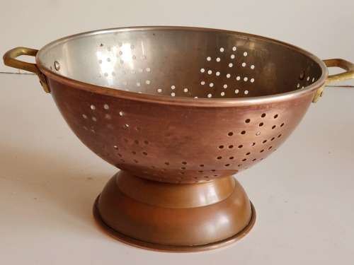 VINTAGE COPPER RICE COLANDER WITH BRASS HANDLES, MADE IN KOREA