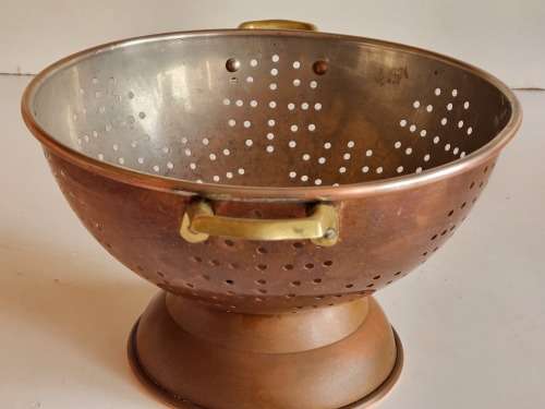 VINTAGE COPPER RICE COLANDER WITH BRASS HANDLES, MADE IN KOREA