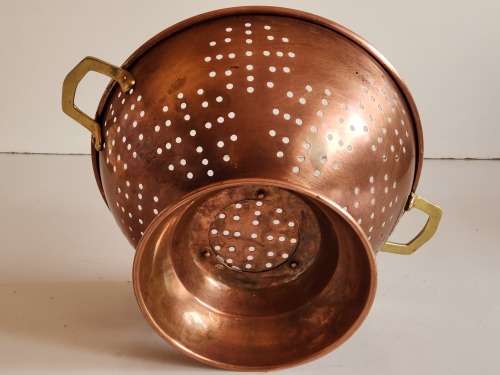 VINTAGE COPPER RICE COLANDER WITH BRASS HANDLES, MADE IN KOREA