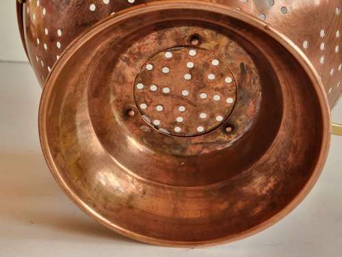 VINTAGE COPPER RICE COLANDER WITH BRASS HANDLES, MADE IN KOREA