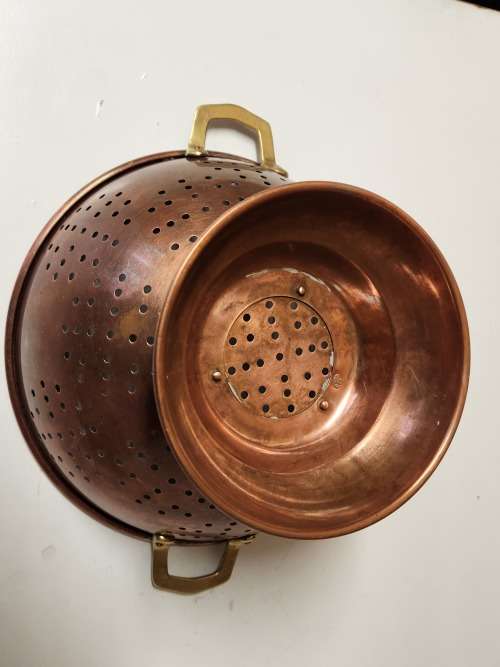 VINTAGE COPPER RICE COLANDER WITH BRASS HANDLES, MADE IN KOREA
