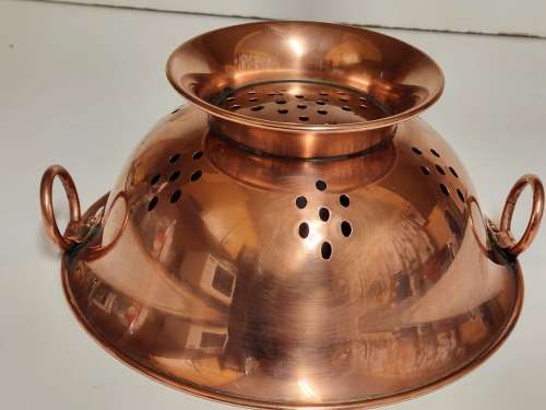VINTAGE COPPER RICE COLANDER WITH BRASS HANDLES