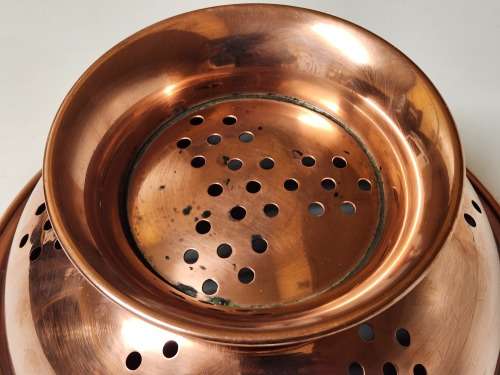 VINTAGE COPPER RICE COLANDER WITH BRASS HANDLES