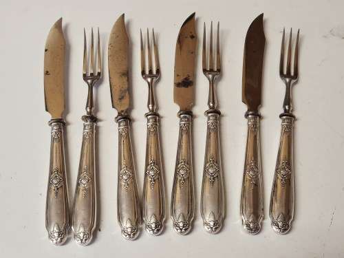 VINTAGE SET OF EIGHT 800 SILVER HANDLED HALLMARKED FRUIT KNIVES AND FORKS,(2 OF 2 SETS)