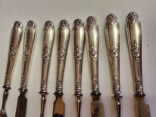 VINTAGE SET OF EIGHT 800 SILVER HANDLED HALLMARKED FRUIT KNIVES AND FORKS,(2 OF 2 SETS)