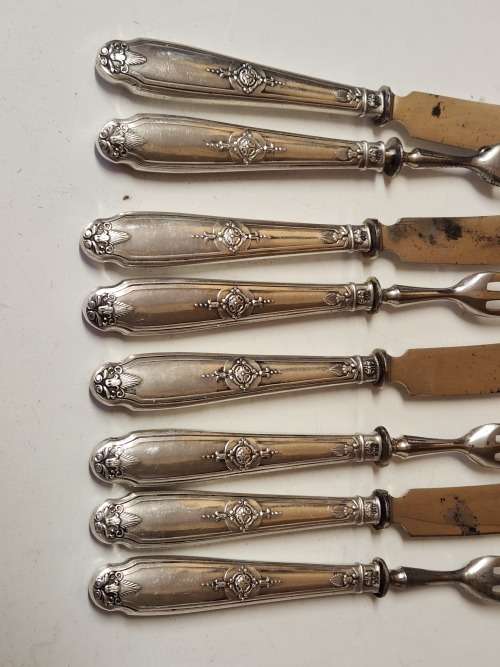 VINTAGE SET OF EIGHT 800 SILVER HANDLED HALLMARKED FRUIT KNIVES AND FORKS,(2 OF 2 SETS)