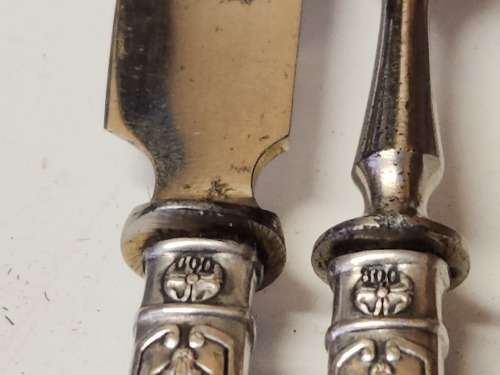 VINTAGE SET OF EIGHT 800 SILVER HANDLED HALLMARKED FRUIT KNIVES AND FORKS,(2 OF 2 SETS)