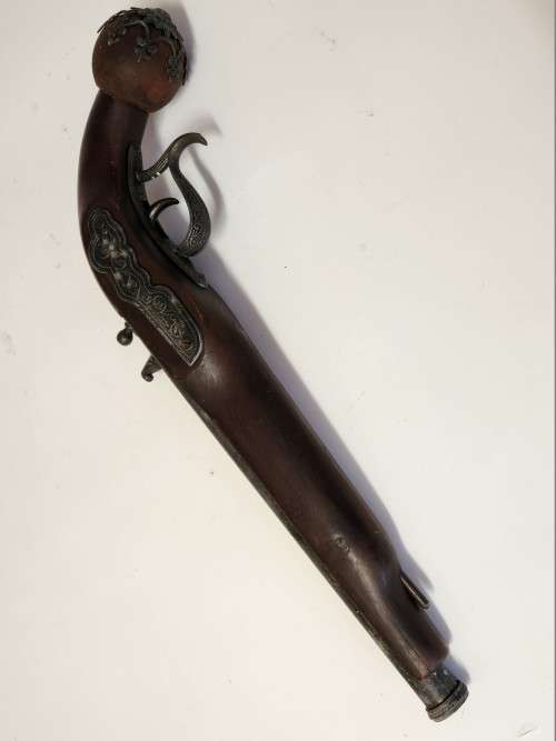 VINTAGE REPLICA FLINTLOCK PISTOL, HIGHLY DECORATED.