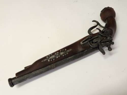 VINTAGE REPLICA FLINTLOCK PISTOL, HIGHLY DECORATED.