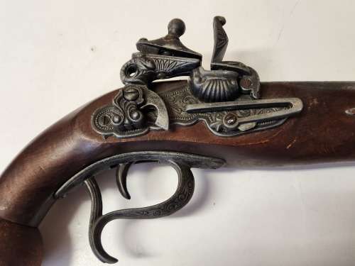 VINTAGE REPLICA FLINTLOCK PISTOL, HIGHLY DECORATED.