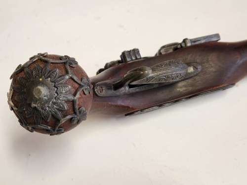VINTAGE REPLICA FLINTLOCK PISTOL, HIGHLY DECORATED.
