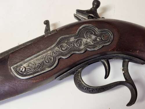 VINTAGE REPLICA FLINTLOCK PISTOL, HIGHLY DECORATED.