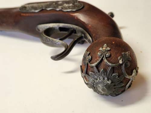 VINTAGE REPLICA FLINTLOCK PISTOL, HIGHLY DECORATED.