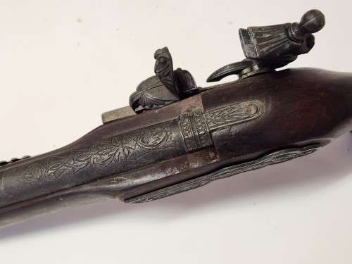 VINTAGE REPLICA FLINTLOCK PISTOL, HIGHLY DECORATED.