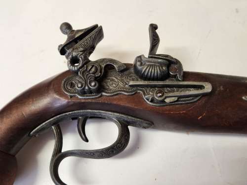 VINTAGE REPLICA FLINTLOCK PISTOL, HIGHLY DECORATED.